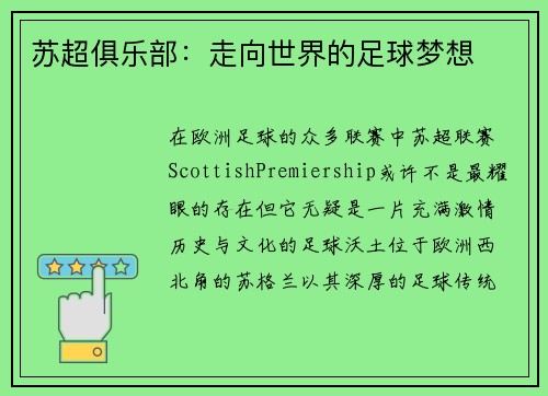 苏超俱乐部：走向世界的足球梦想