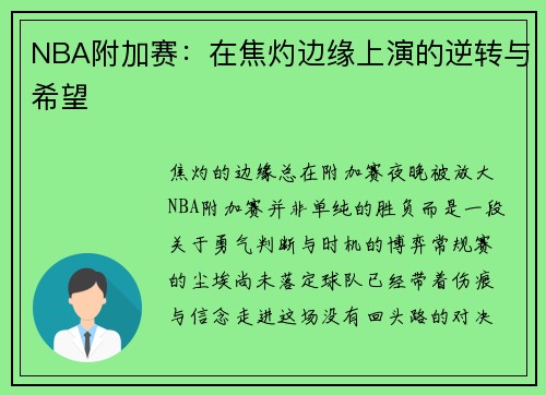 NBA附加赛：在焦灼边缘上演的逆转与希望