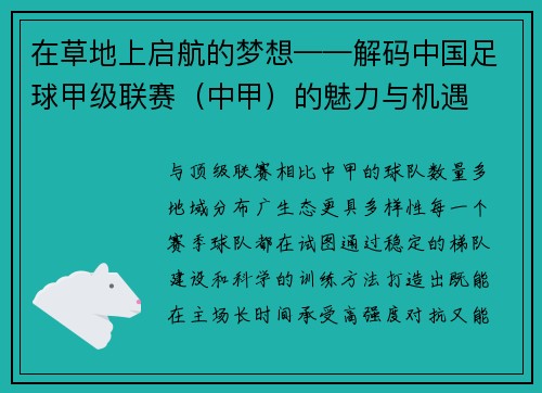 在草地上启航的梦想——解码中国足球甲级联赛（中甲）的魅力与机遇