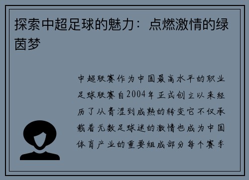 探索中超足球的魅力：点燃激情的绿茵梦