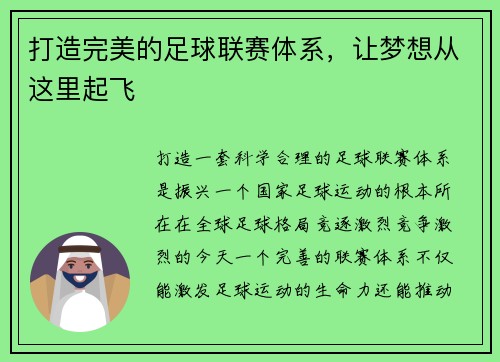 打造完美的足球联赛体系，让梦想从这里起飞